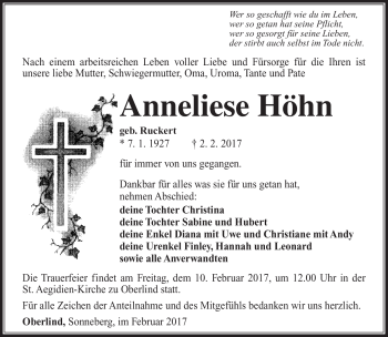 Traueranzeige von Anneliese Höhn von Südthüringer Presse