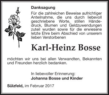 Traueranzeige von Karl-Heinz Bosse von Südthüringer Presse