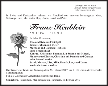 Traueranzeige von Franz Heublein von Südthüringer Presse
