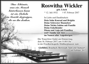 Traueranzeige von Roswitha Wickler von Südthüringer Presse