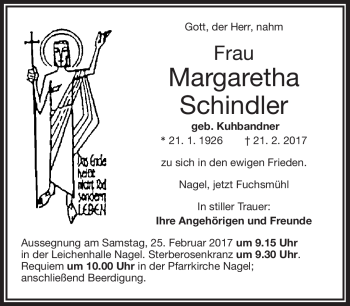 Traueranzeige von Margaretha Schindler von Frankenpost
