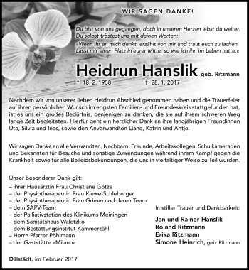Traueranzeige von Heidrun Hanslik von Südthüringer Presse