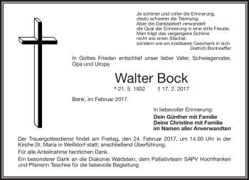 Traueranzeige von Walter Bock von Frankenpost