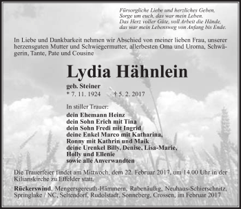 Traueranzeige von Lydia Hähnlein von Südthüringer Presse