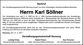Traueranzeige von Karl Söllner von Frankenpost