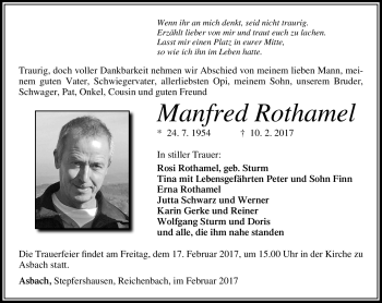 Traueranzeige von Manfred Rothamel von Südthüringer Presse