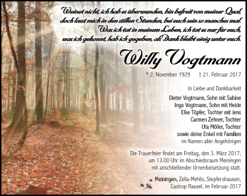 Traueranzeige von Willy Vogtmann von Südthüringer Presse