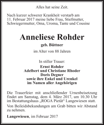 Traueranzeige von Anneliese Rohder von Südthüringer Presse