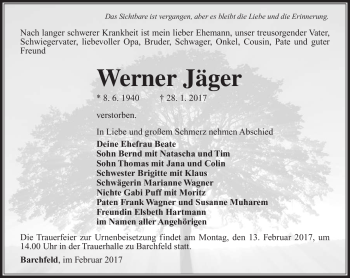 Traueranzeige von Werner Jäger von Südthüringer Presse
