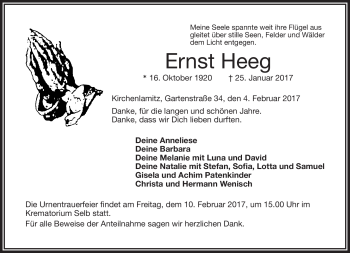 Traueranzeige von Ernst Heeg von Frankenpost
