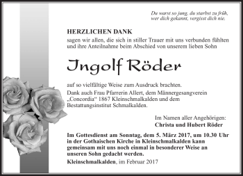 Traueranzeige von Ingolf Röder von Südthüringer Presse