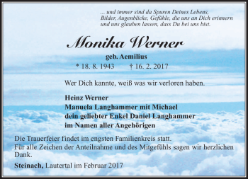 Traueranzeige von Monika Werner von Südthüringer Presse