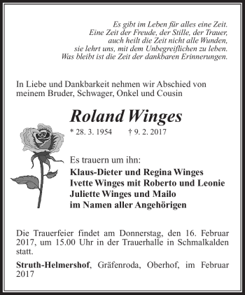 Traueranzeige von Roland Winges von Südthüringer Presse