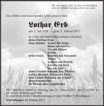 Traueranzeige von Lothar Erb von Südthüringer Presse