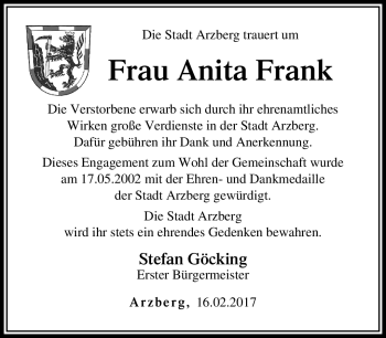 Traueranzeige von Anita Frank von Frankenpost