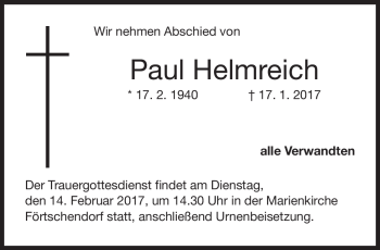 Traueranzeige von Paul Helmreich von Neue Presse Coburg