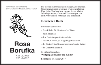 Traueranzeige von Rosa Borufka von Südthüringer Presse