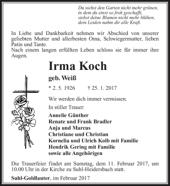 Traueranzeige von Irma Koch von Südthüringer Presse