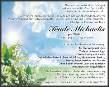 Traueranzeige von Trude Michaelis von Südthüringer Presse