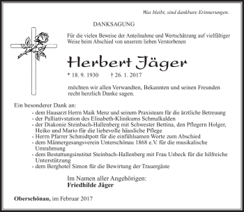Traueranzeige von Herbert Jäger von Südthüringer Presse