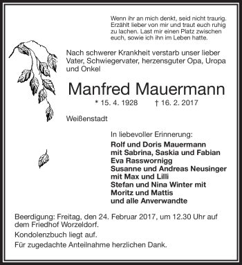Traueranzeige von Manfred Mauermann von Frankenpost