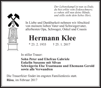 Traueranzeige von Hermann Klee von Südthüringer Presse