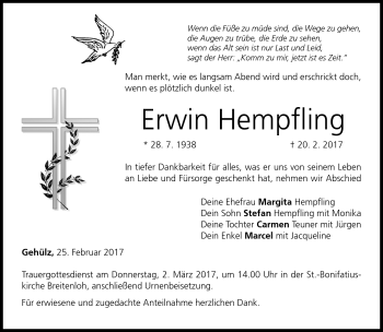 Traueranzeige von Erwin Hempfling von Neue Presse Coburg