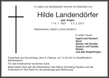 Traueranzeige von Hilde Landendörfer von Frankenpost