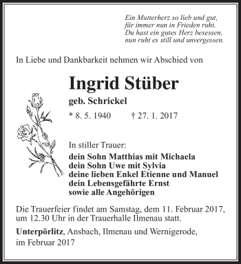 Traueranzeige von Ingrid Stüber von Südthüringer Presse