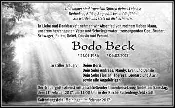 Traueranzeige von Bodo Beck von Südthüringer Presse
