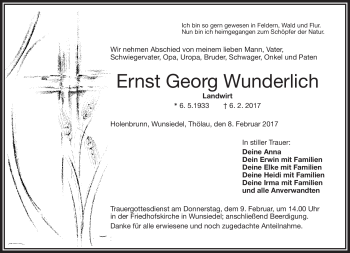 Traueranzeige von Ernst-Georg Wunderlich von Frankenpost