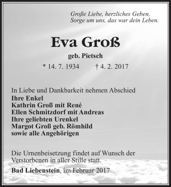 Traueranzeige von Eva Groß von Südthüringer Presse