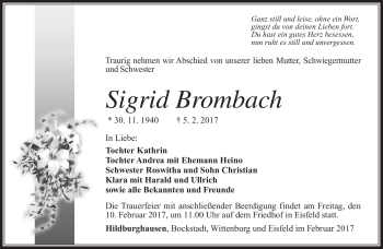 Traueranzeige von Sigrid Brombach von Südthüringer Presse