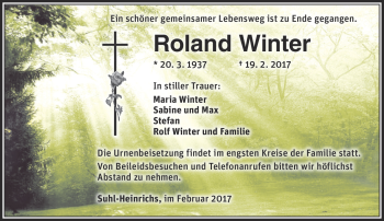 Traueranzeige von Roland Winter von Südthüringer Presse