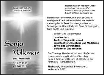 Traueranzeige von Sonja Volkmar von Südthüringer Presse