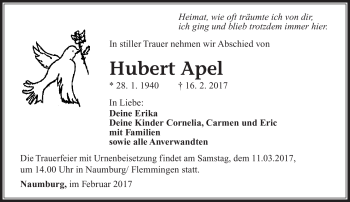 Traueranzeige von Hubert Apel von Südthüringer Presse