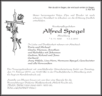 Traueranzeige von Alfred Spegel von Frankenpost