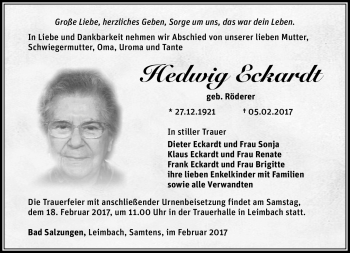 Traueranzeige von Hedwig Eckhardt von Südthüringer Presse
