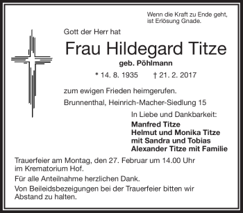 Traueranzeige von Hildegard Titze von Frankenpost