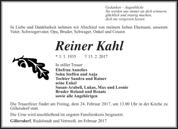 Traueranzeige von Reiner Kahl von Südthüringer Presse