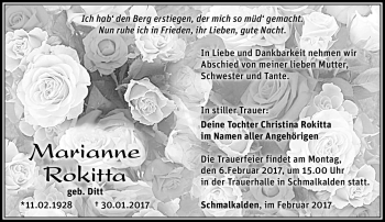 Traueranzeige von Marianne Rokitta von Südthüringer Presse