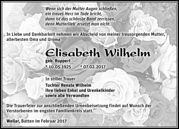 Traueranzeige von Elisabeth Wilhelm von Südthüringer Presse