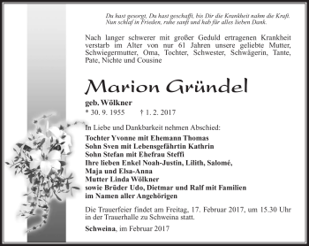 Traueranzeige von Marion Gründel von Südthüringer Presse