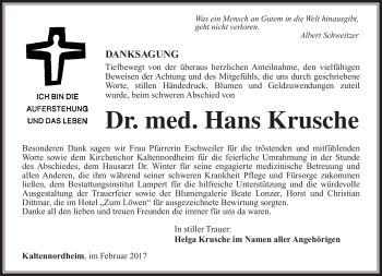 Traueranzeige von Hans Kruschke von Südthüringer Presse