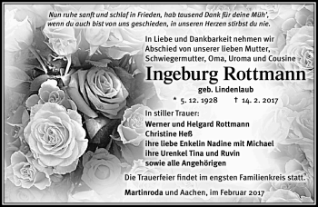 Traueranzeige von Ingeburg Rottmann von Südthüringer Presse