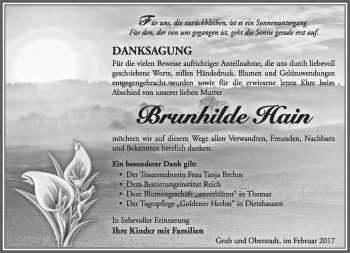 Traueranzeige von Brunhilde Hain von Südthüringer Presse