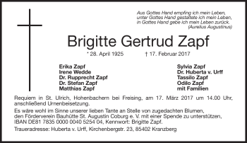 Traueranzeige von Brigitte Gertrud Zapf von Neue Presse Coburg