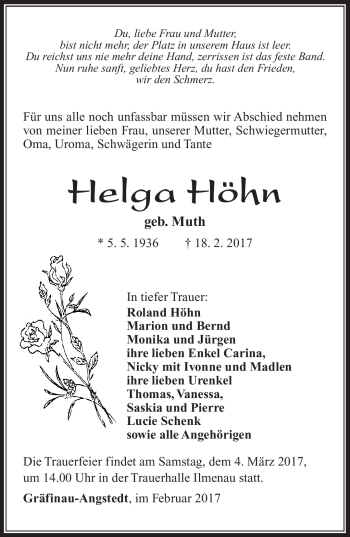 Traueranzeige von Helga Höhn von Südthüringer Presse