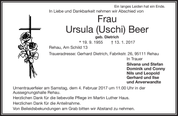 Traueranzeige von Ursula Beer von Frankenpost