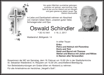 Traueranzeige von Oswald Schindler von Frankenpost